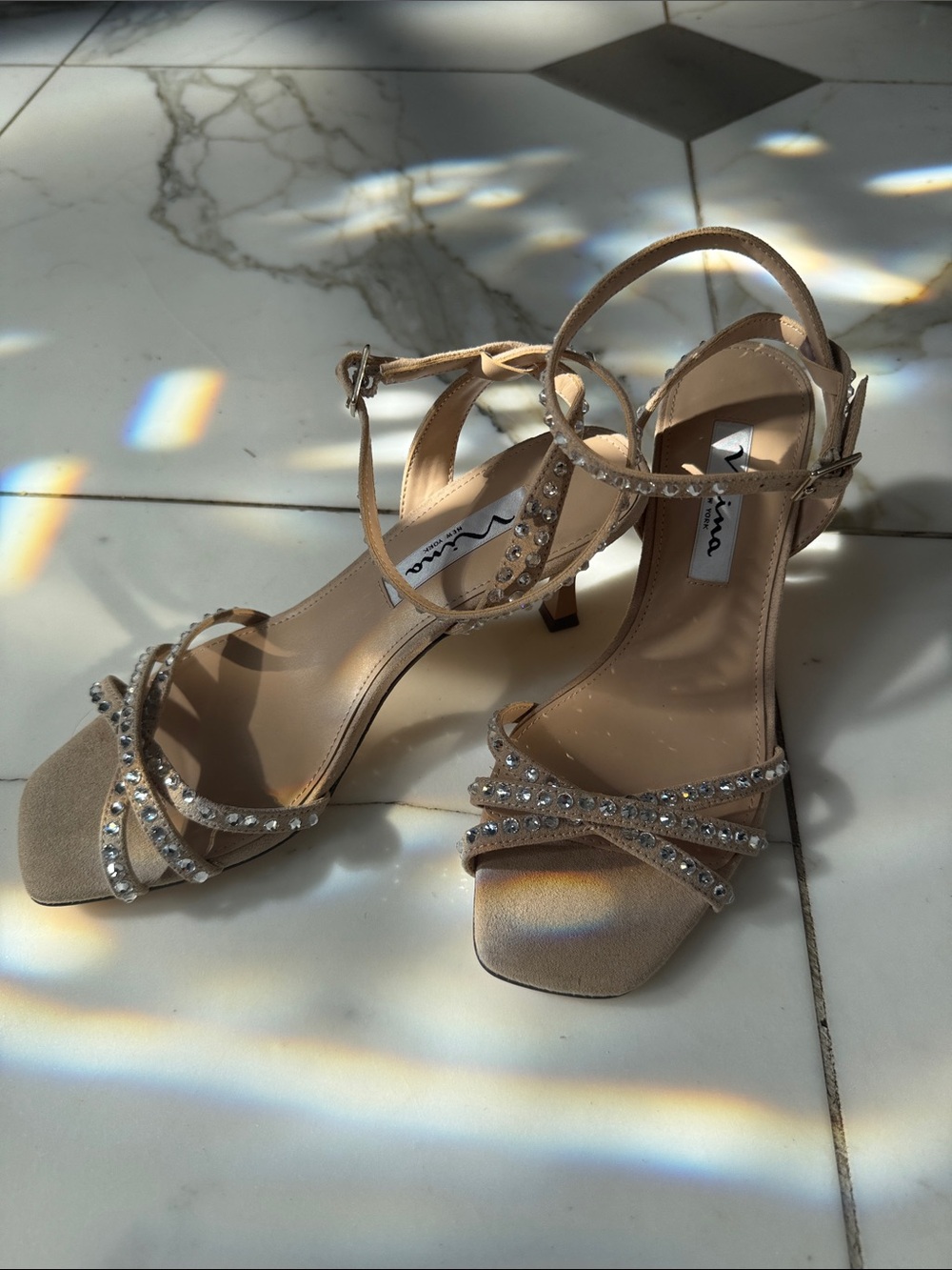Nina Crystal Embellished Strappy Heels in Nude